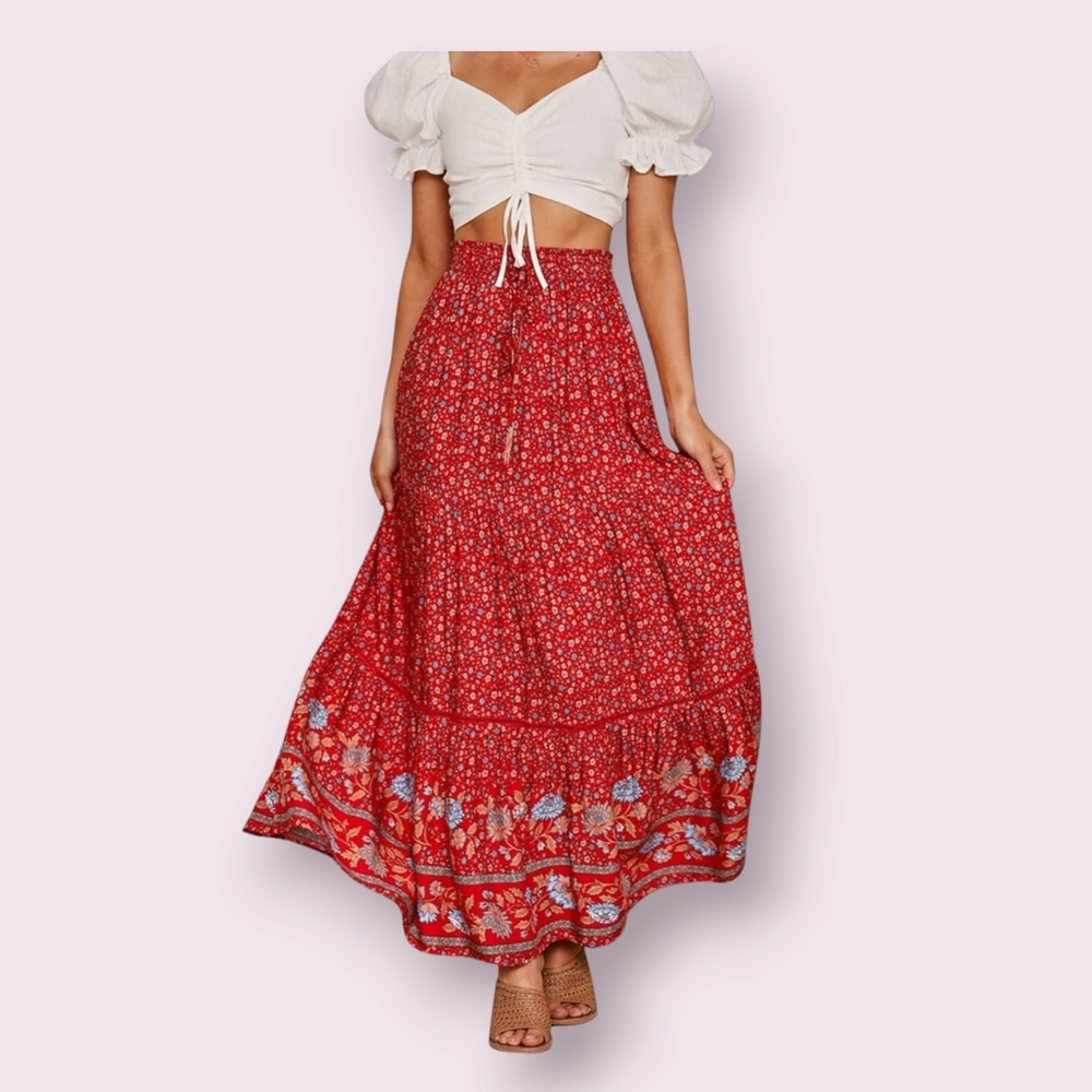 New Bohemian Floral Printed Elastic High Waist A Line Maxi Skirt Size Small